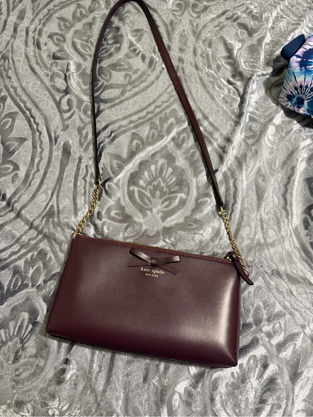 kate spade Plum Leather Crossbody with Gold Chain Strap and Bow
